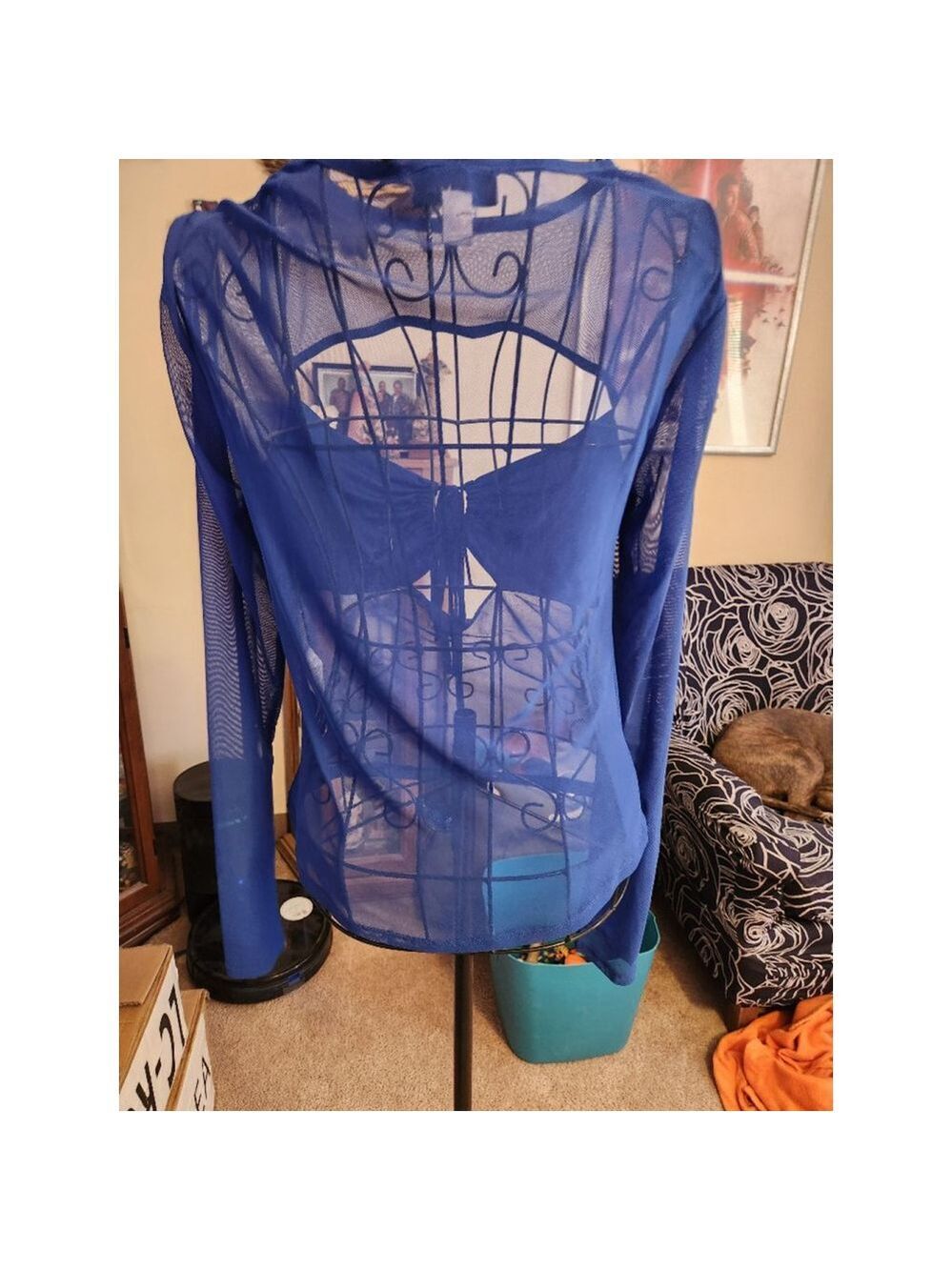 Topshop Cutout Detail Long Sleeve Mesh Top Blue See-through - Picture 6 of 6